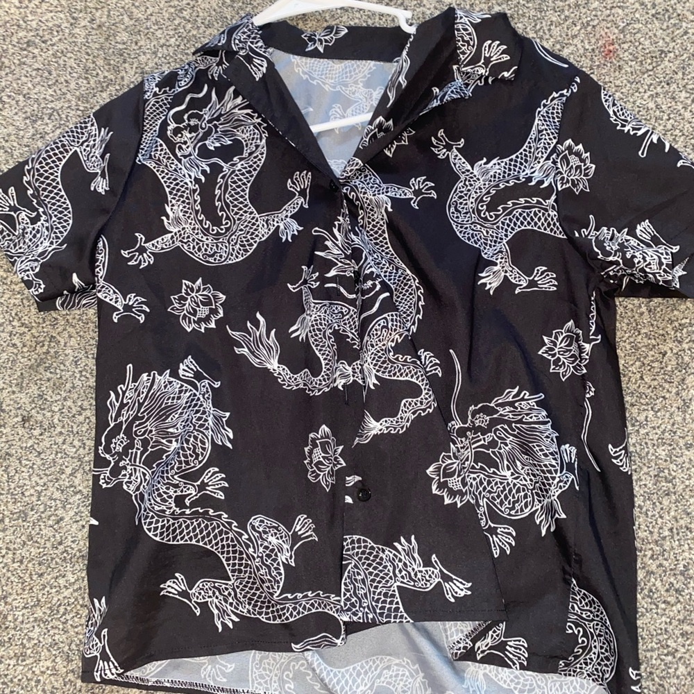 Dragon print black button up collared shirt